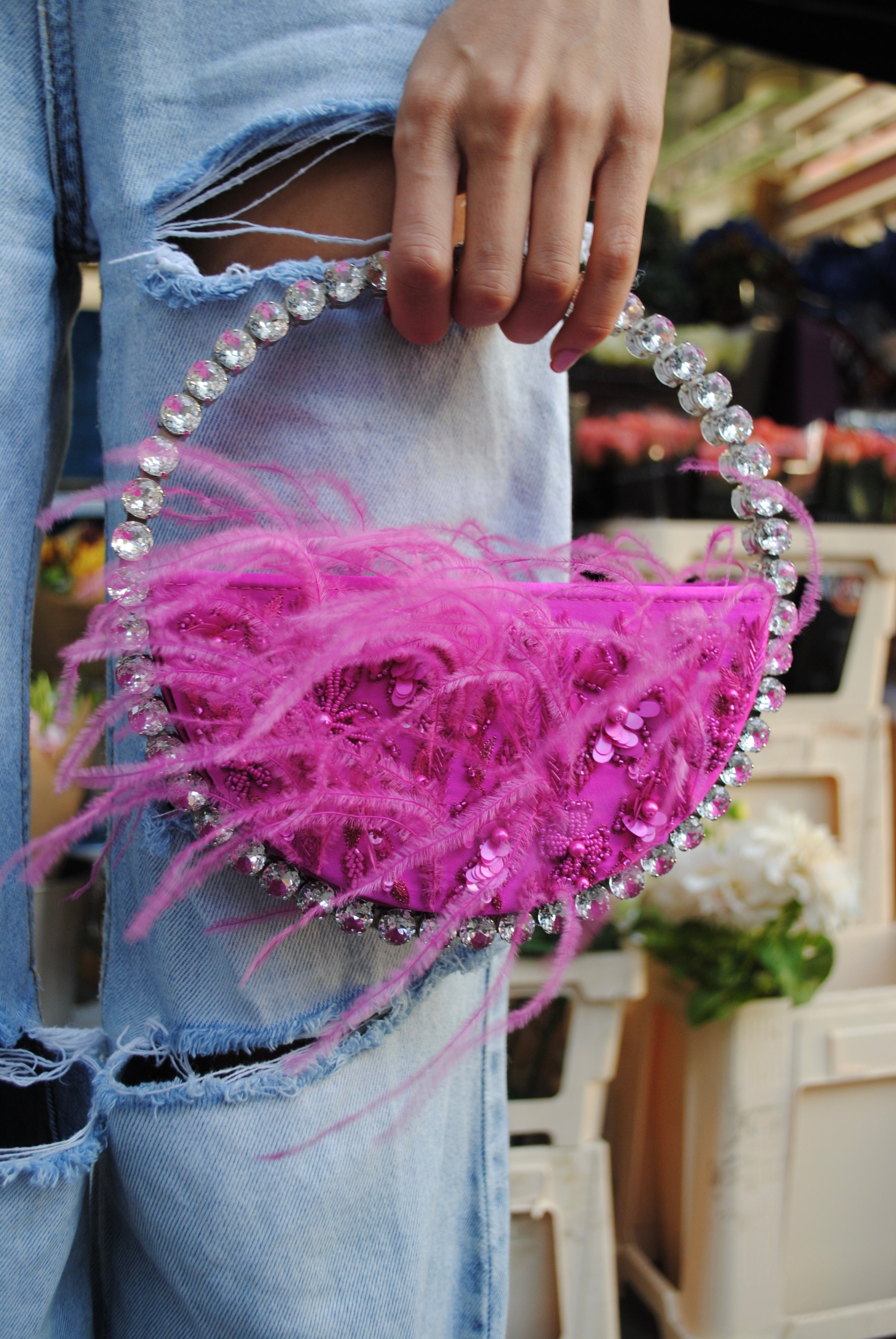 Fuchsia Feather Embellished Eternity Clutch