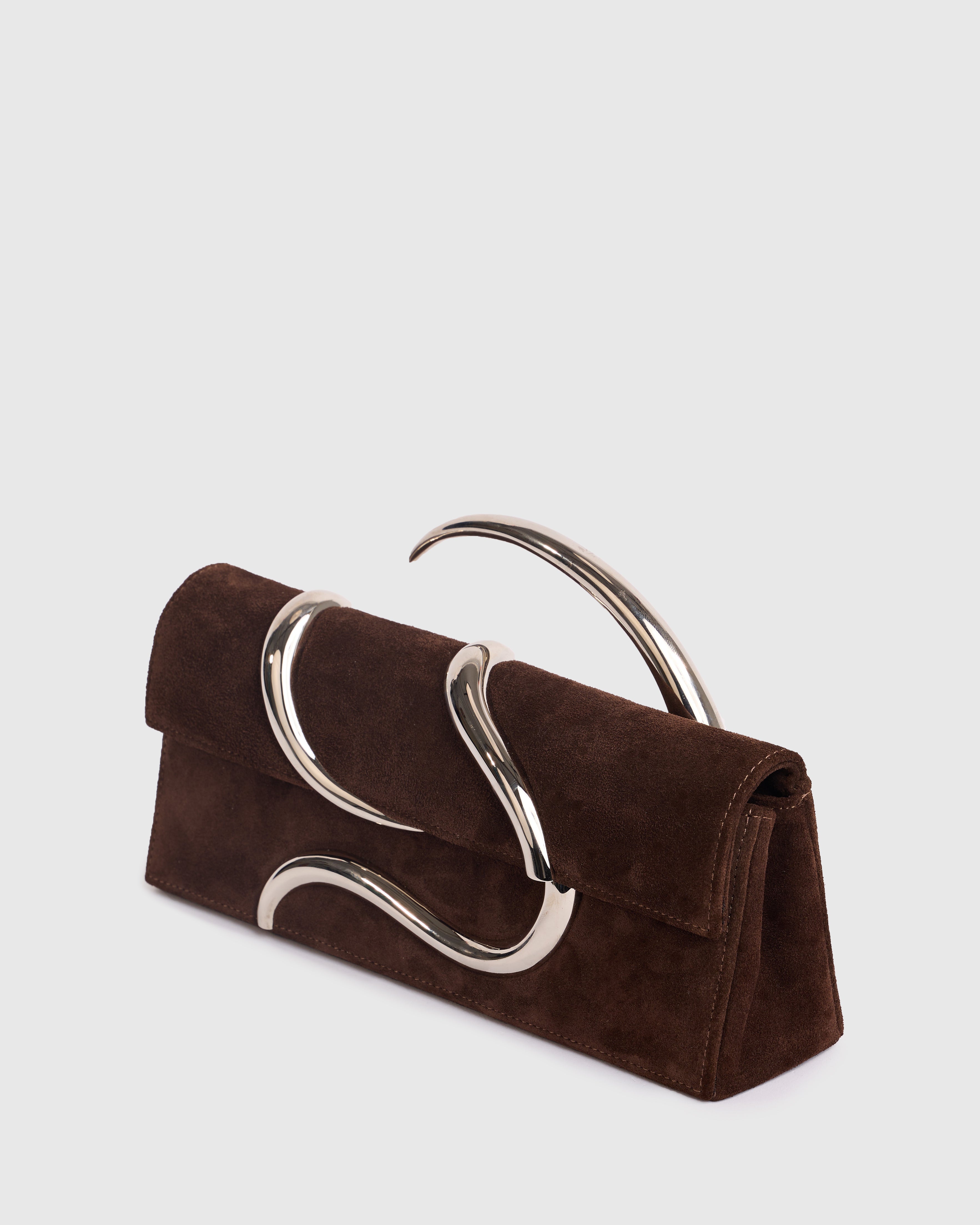 Brown Suede Aura Baguette Clutch