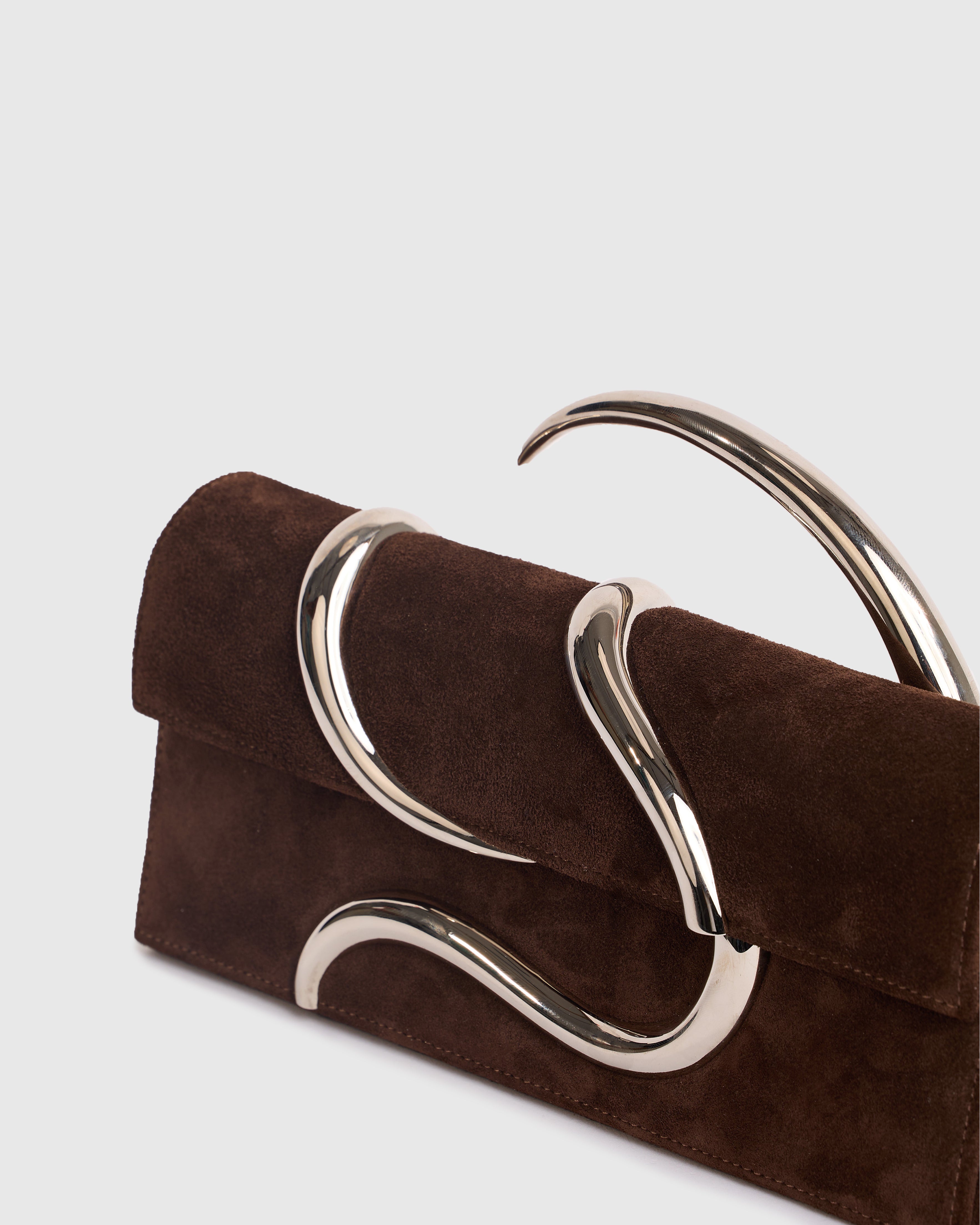 Brown Suede Aura Baguette Clutch