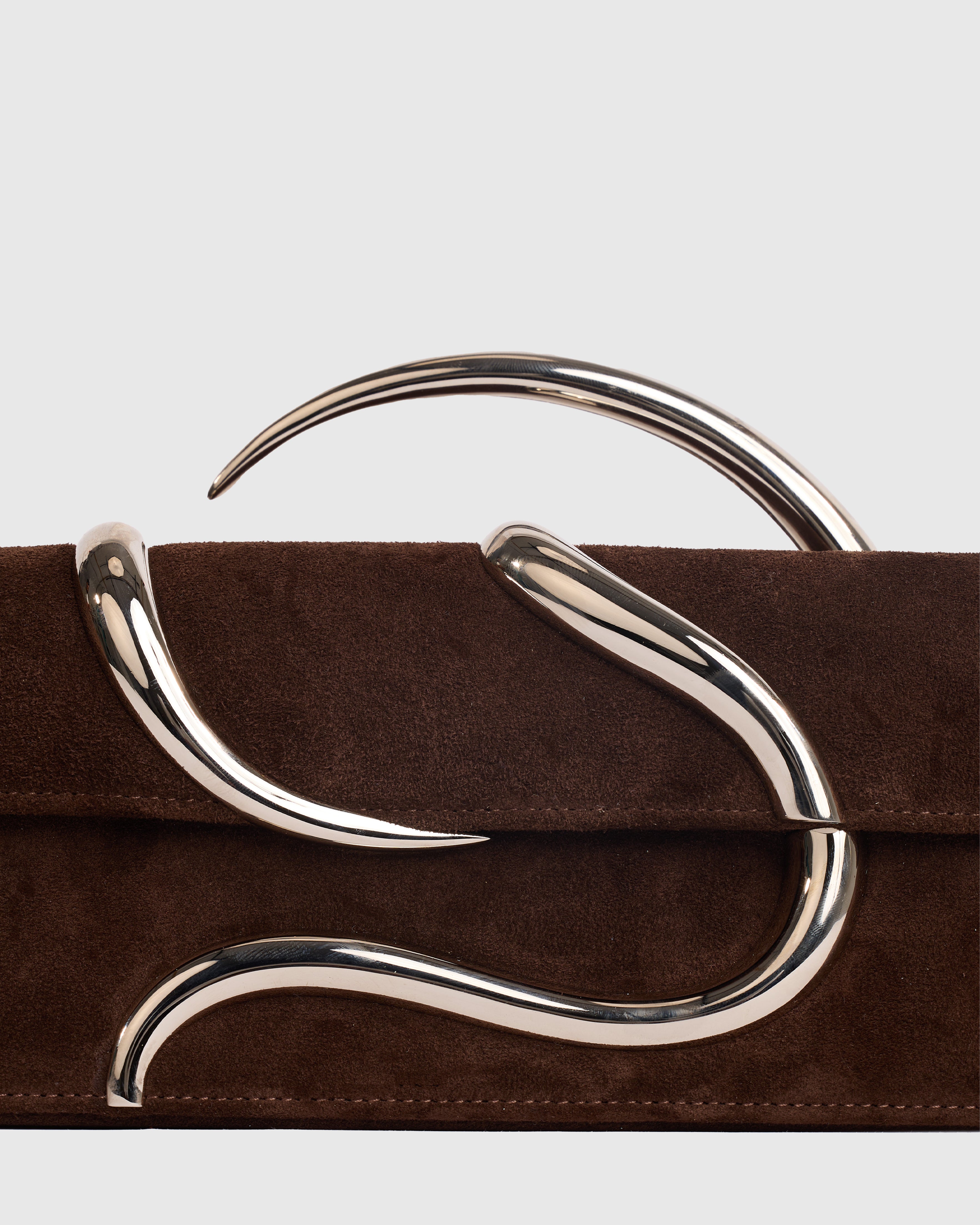 Brown Suede Aura Baguette Clutch