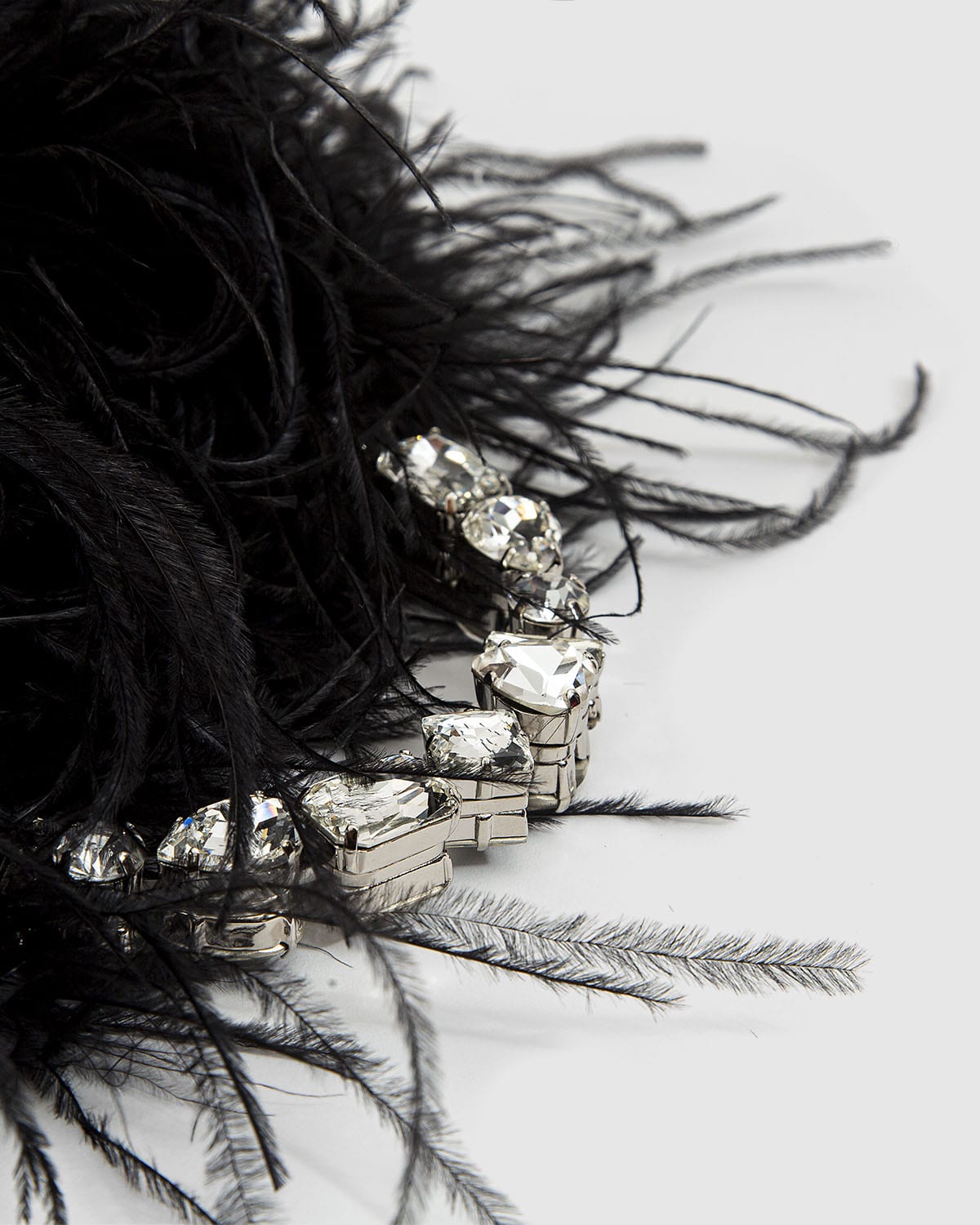 Black Luxury Feather Evening Pouch with stone-encrusted handle