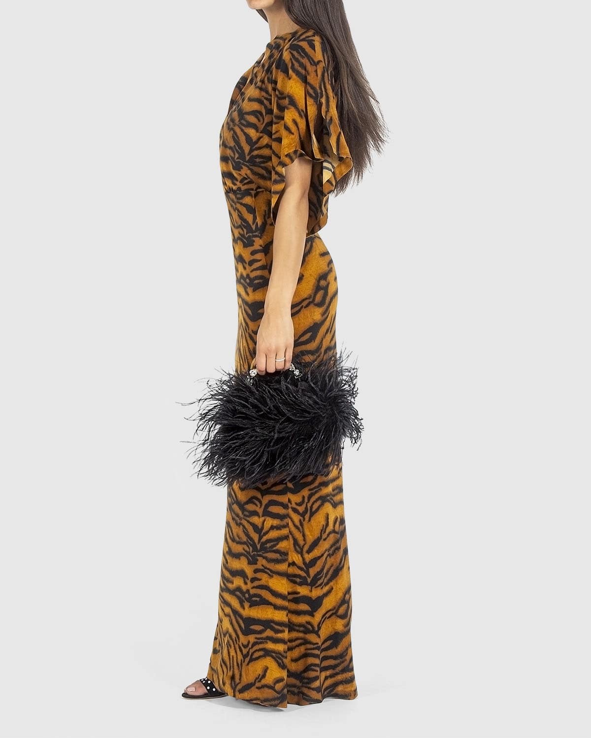 Black Luxury Feather Evening Pouch with stone-encrusted handle