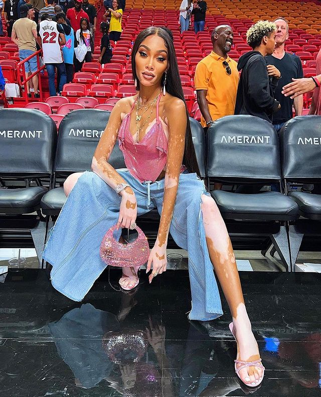 Winnie Harlow with Pink Meleni Bag