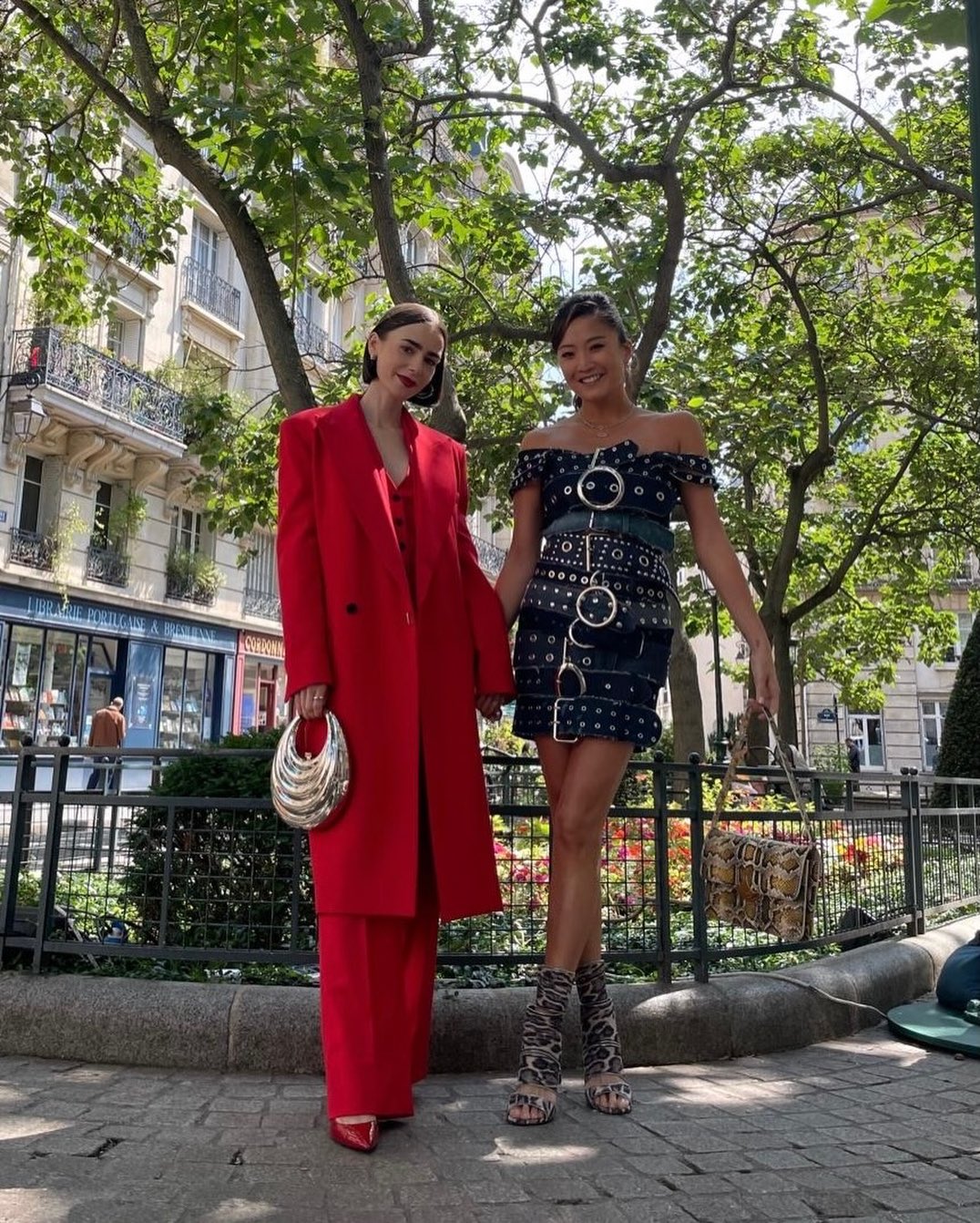Lily Collins on Emily in Paris with the Silver Metal Meleni Bag