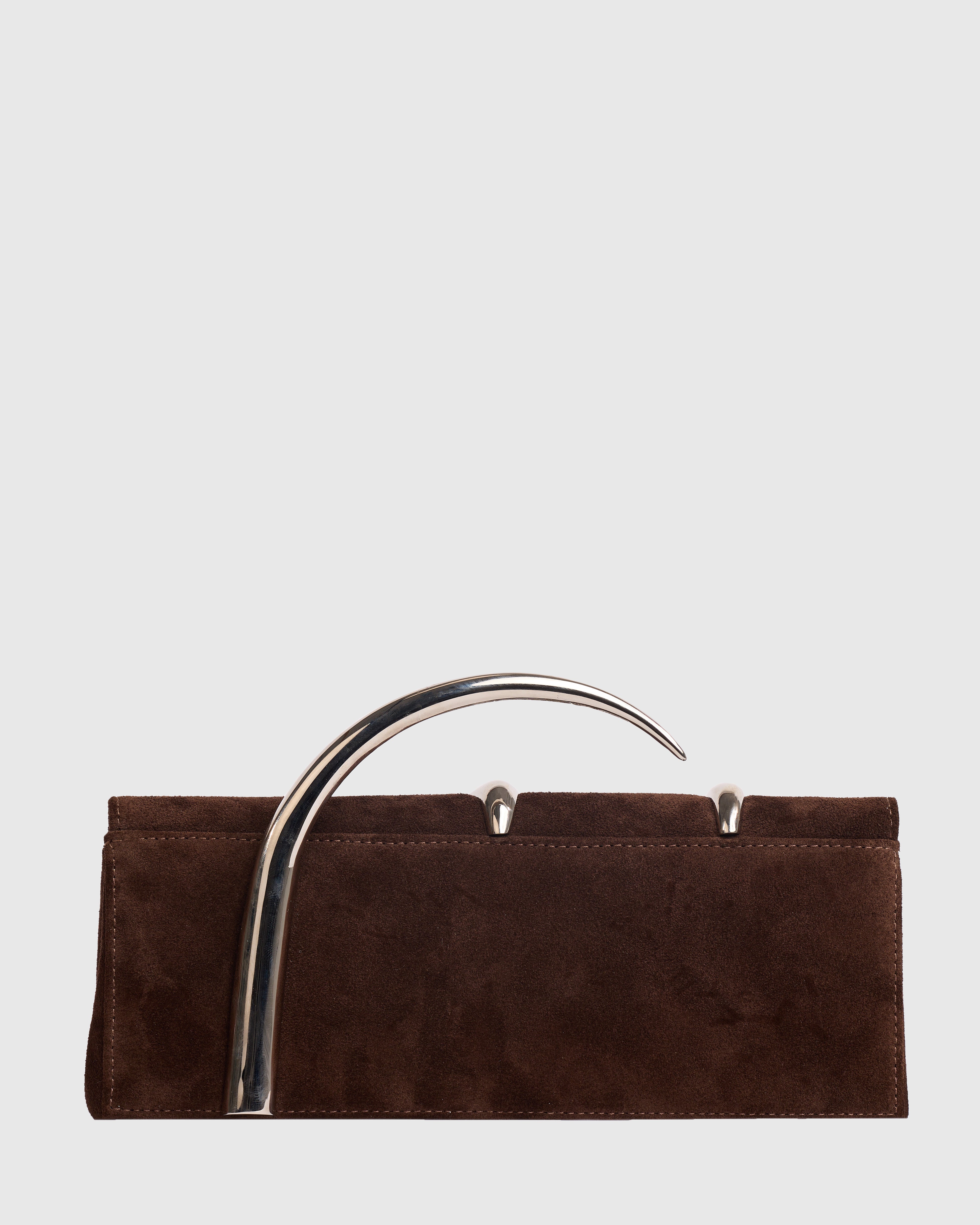 Brown Suede Aura Baguette Clutch