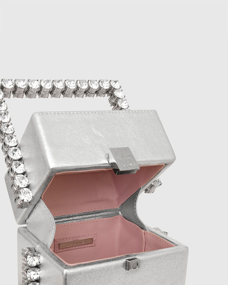 L'alingi London Silver Metallic Luxury  Cube Clutch with Swarovski stones
