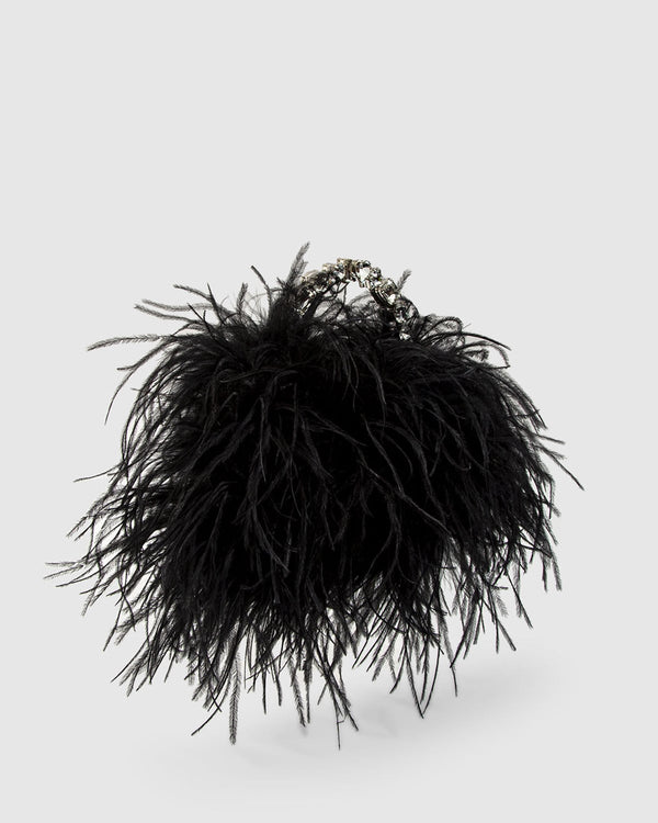 Black Luxury Feather Evening Pouch with stone-encrusted handle
