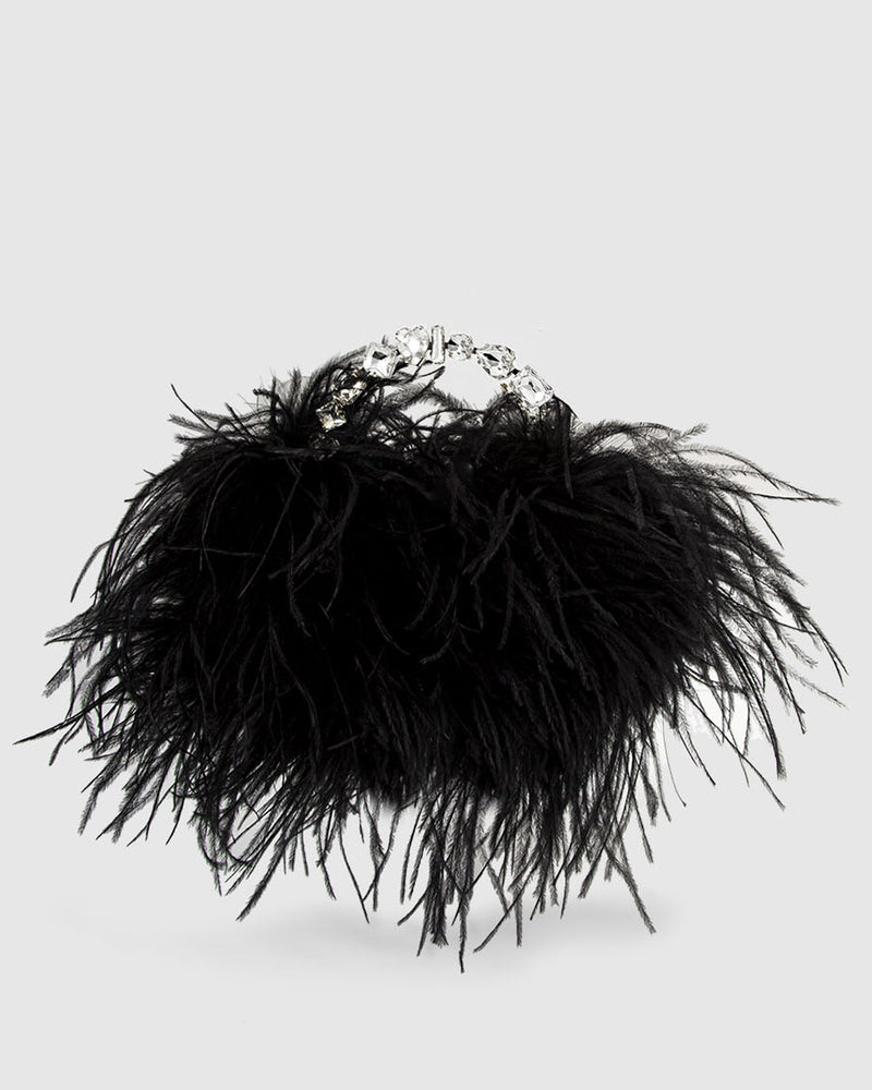 Black Luxury Feather Evening Pouch with stone-encrusted handle