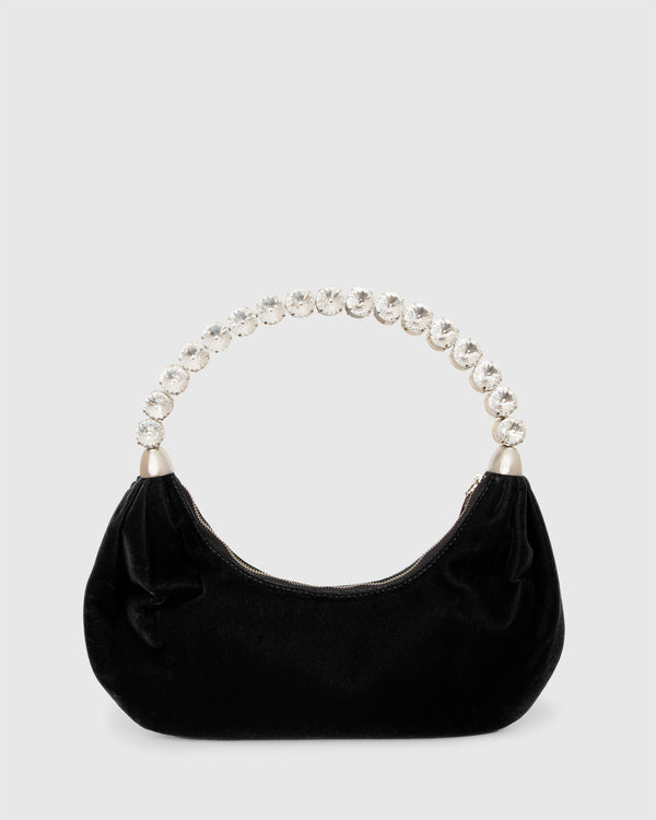 L'alingi London Black Velvet Banana Luxury Handbag with Swarovski stones