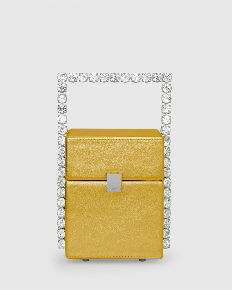 L'alingi London Gold Metallic Luxury Cube Clutch with Swarovski stones