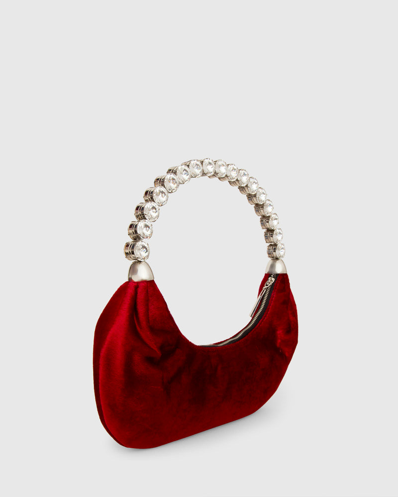 L'alingi London Burgundy Velvet Banana Luxury Handbag with Swarovski stones