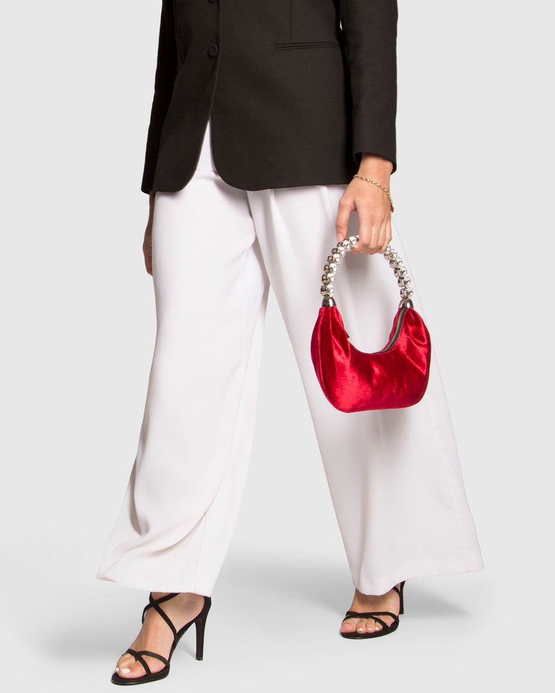 L'alingi London Burgundy Velvet Banana Luxury Handbag with Swarovski stones